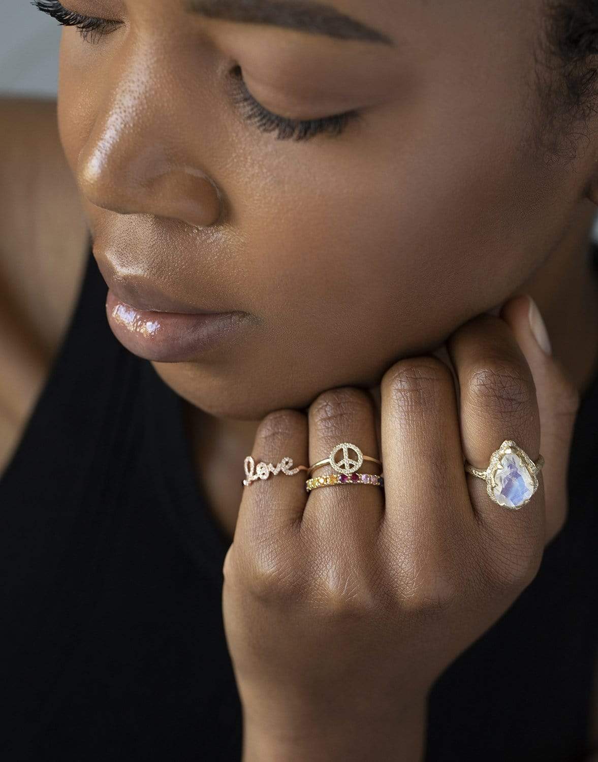 SYDNEY EVAN-Pave Peace Sign Ring-YELLOW GOLD