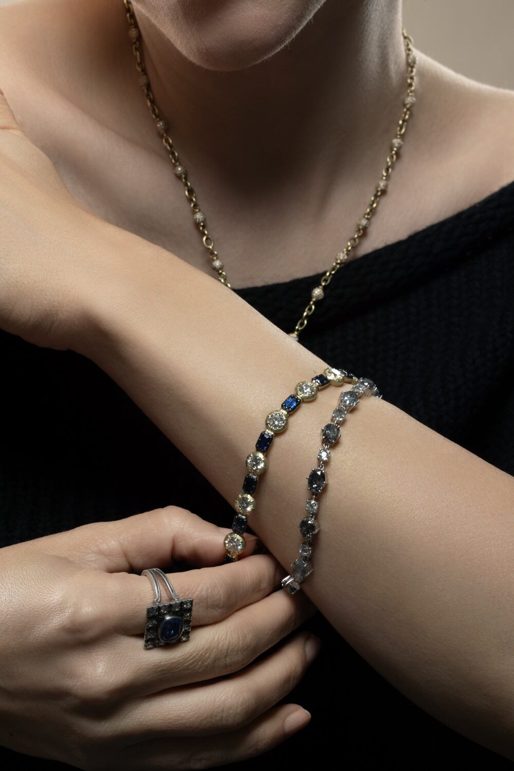 Diamond Grey Mixed Shape Old European Tennis Bracelet-WHITE GOLD-8-JEWELRYFINE JEWELBRACELET O-SYLVA & CIE
