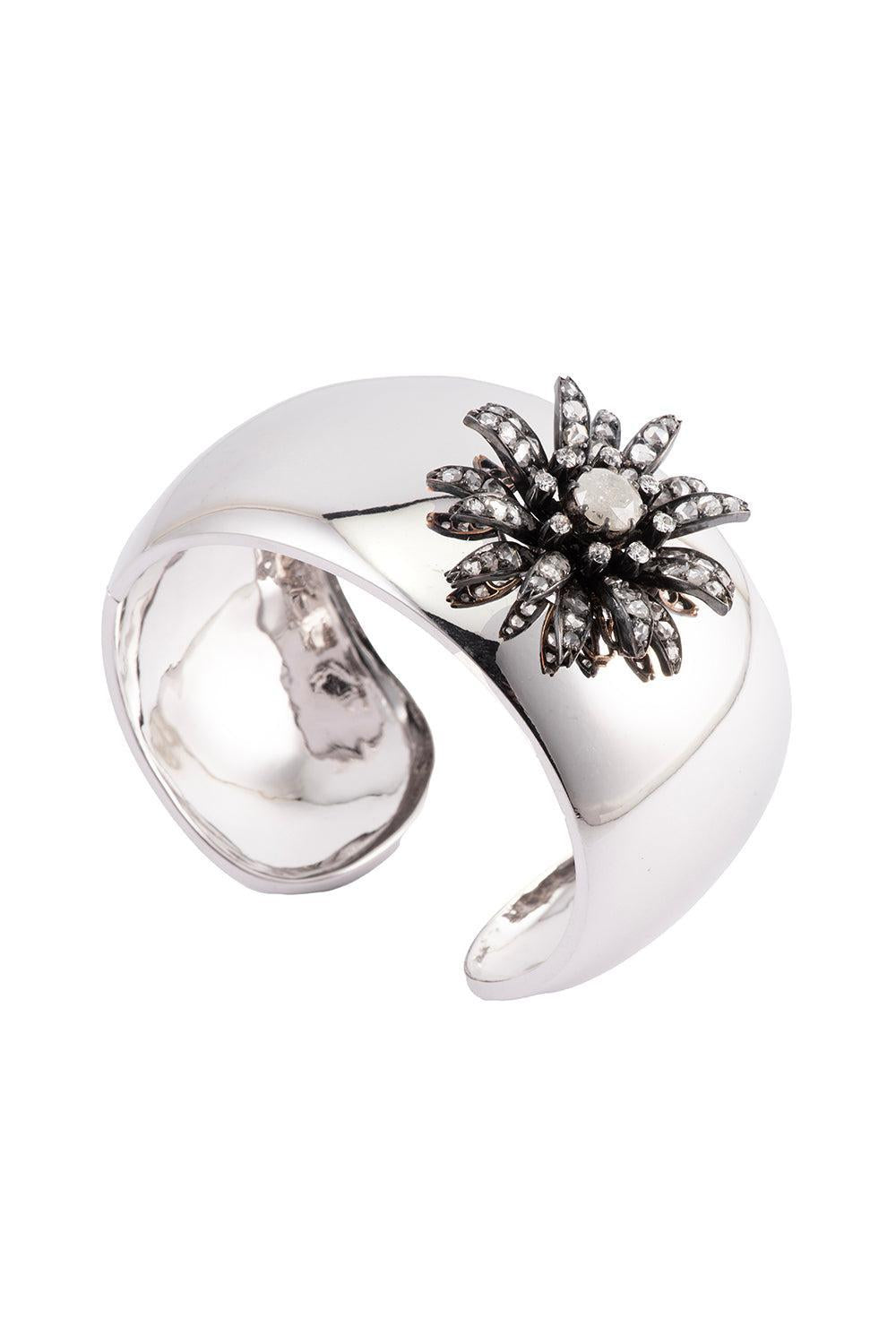 Diamond Domed Flower Cuff Bracelet-WHITE GOLD-JEWELRYFINE JEWELBRACELET O-SYLVA & CIE