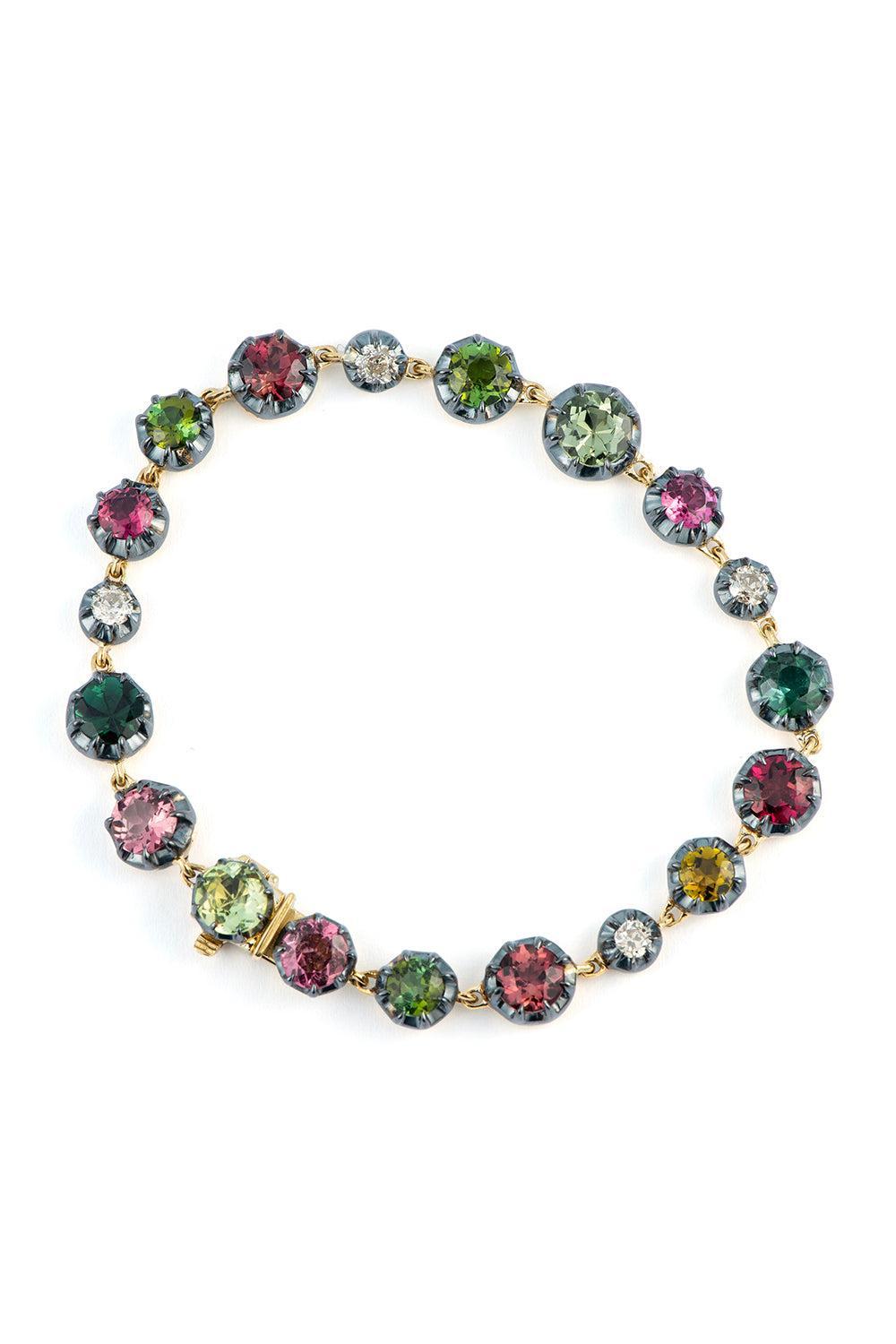 Tourmaline Diamond Old Euro Tennis Bracelet-YELLOW GOLD-7-JEWELRYFINE JEWELBRACELET O-SYLVA & CIE