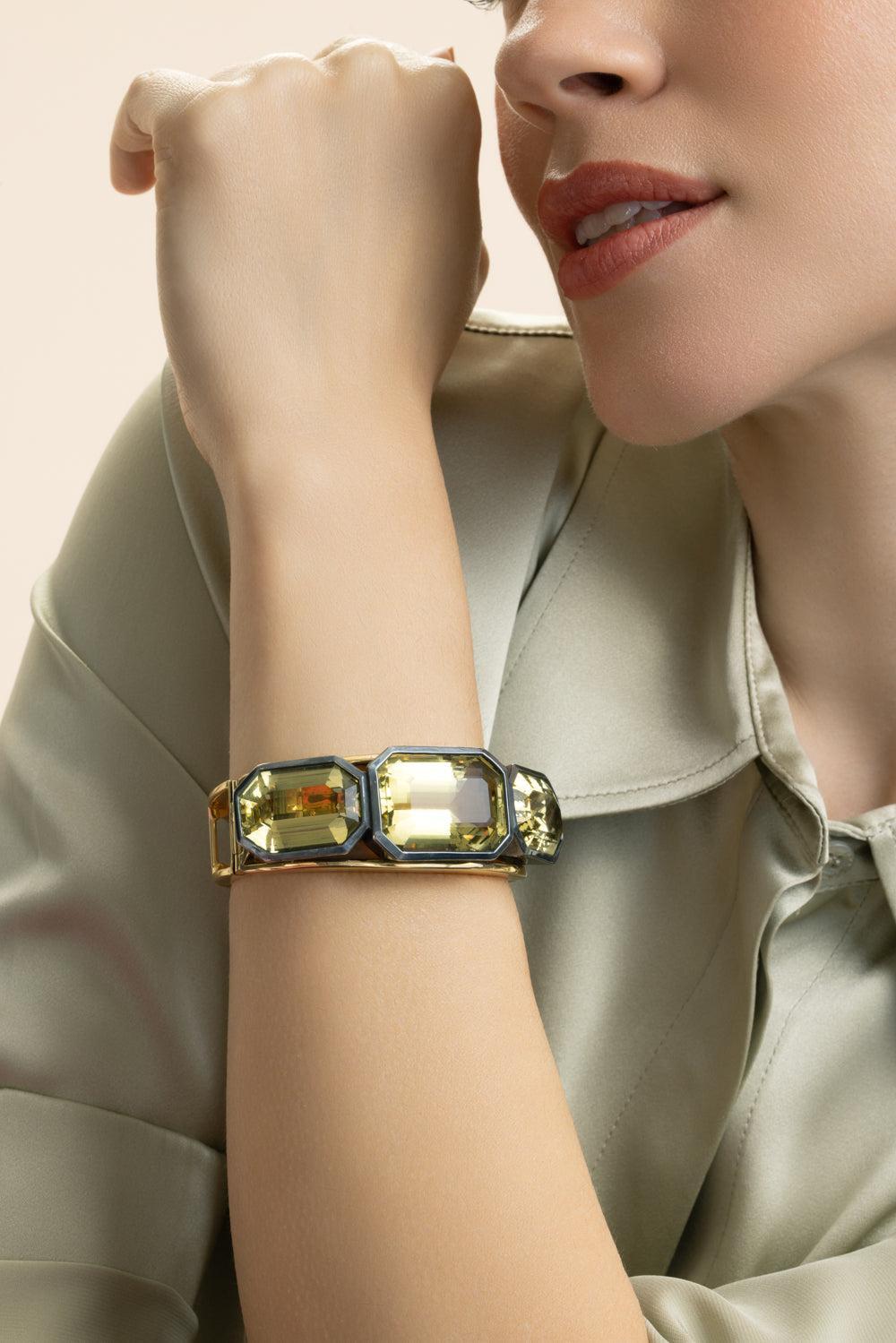 Quartz Prazolite Cuff Bracelet-YELLOW GOLD-JEWELRYFINE JEWELBRACELET O-SYLVA & CIE