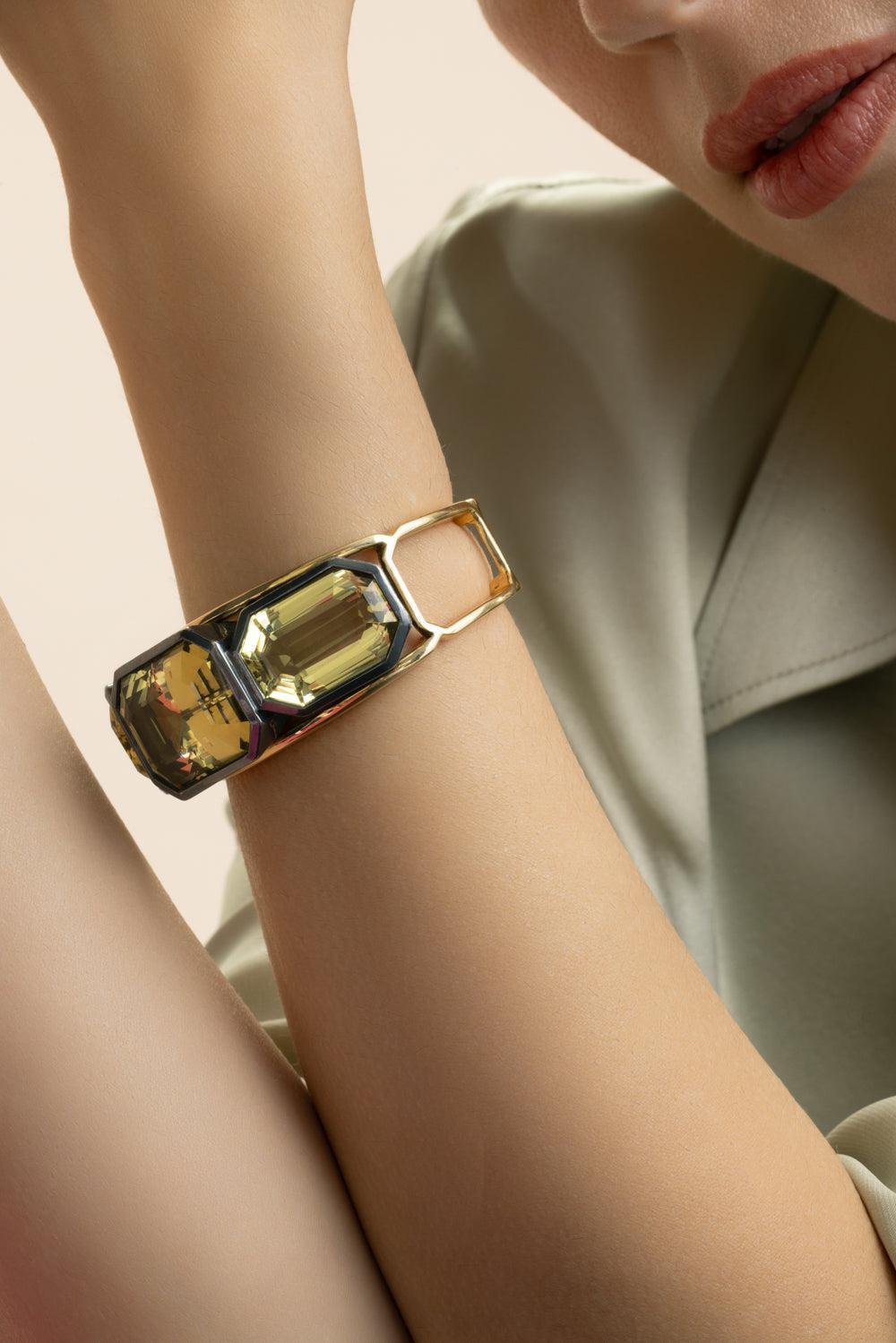 Quartz Prazolite Cuff Bracelet-YELLOW GOLD-JEWELRYFINE JEWELBRACELET O-SYLVA & CIE