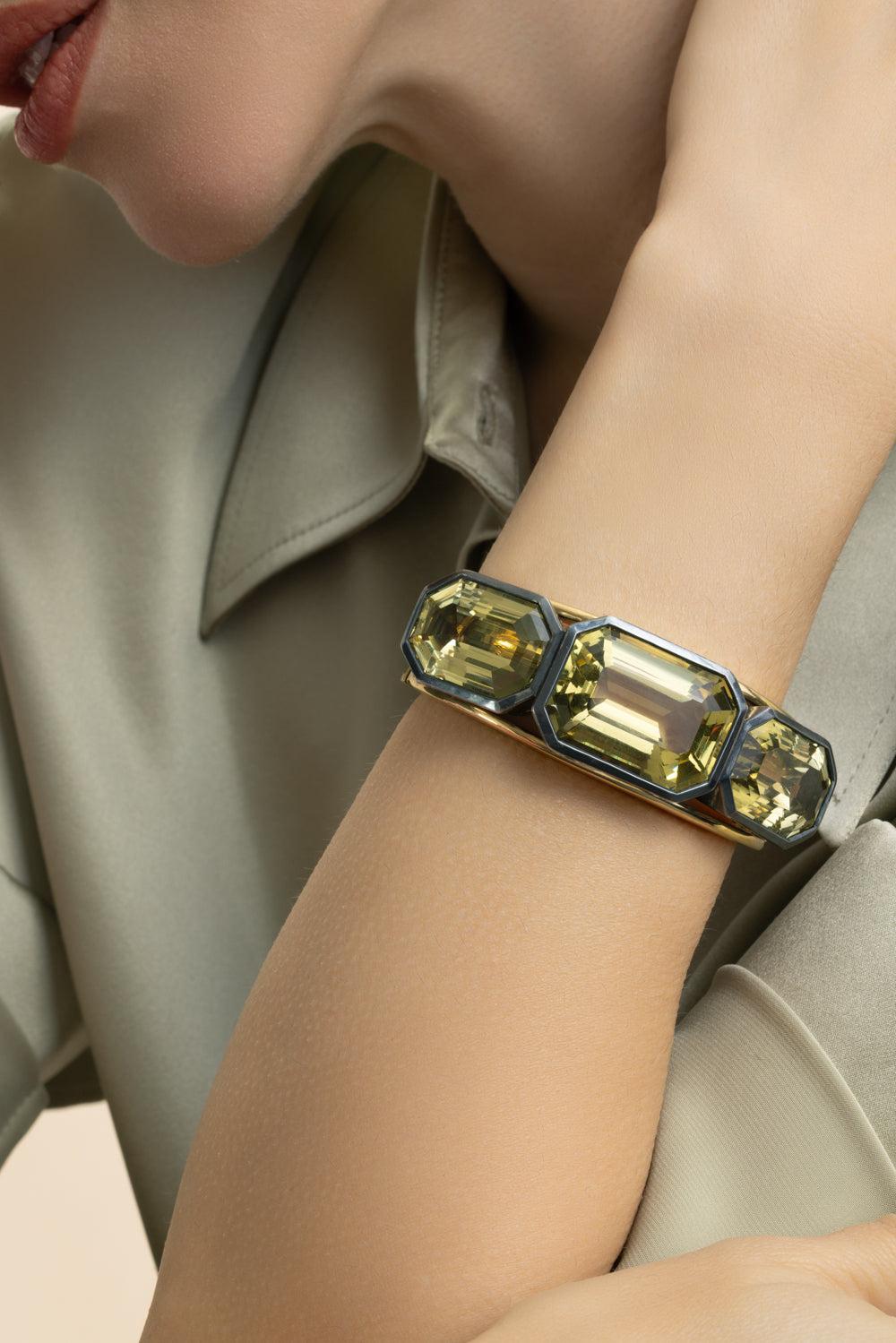 Quartz Prazolite Cuff Bracelet-YELLOW GOLD-JEWELRYFINE JEWELBRACELET O-SYLVA & CIE