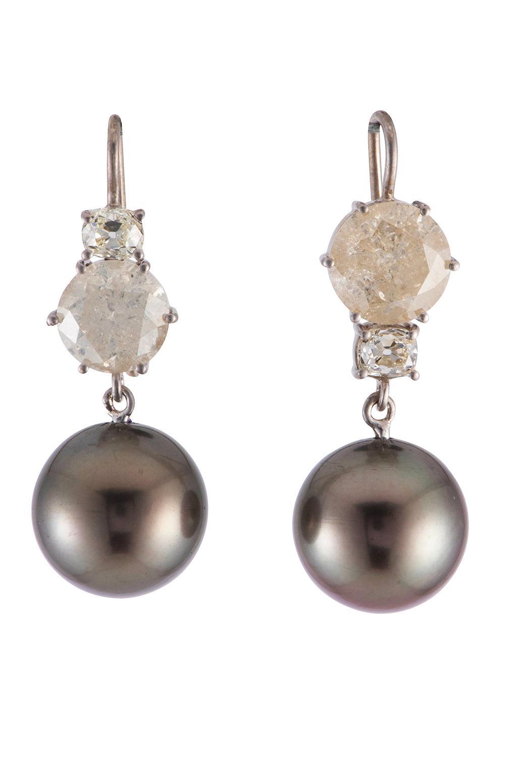 Pearl Diamond Old European Cushion Drop Earrings-WHITE GOLD-JEWELRYFINE JEWELEARRING-SYLVA & CIE