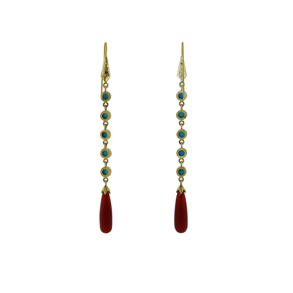 SYLVA & CIE-Carnelian And Turquoise Long Drop Earrings-YELLOW GOLD