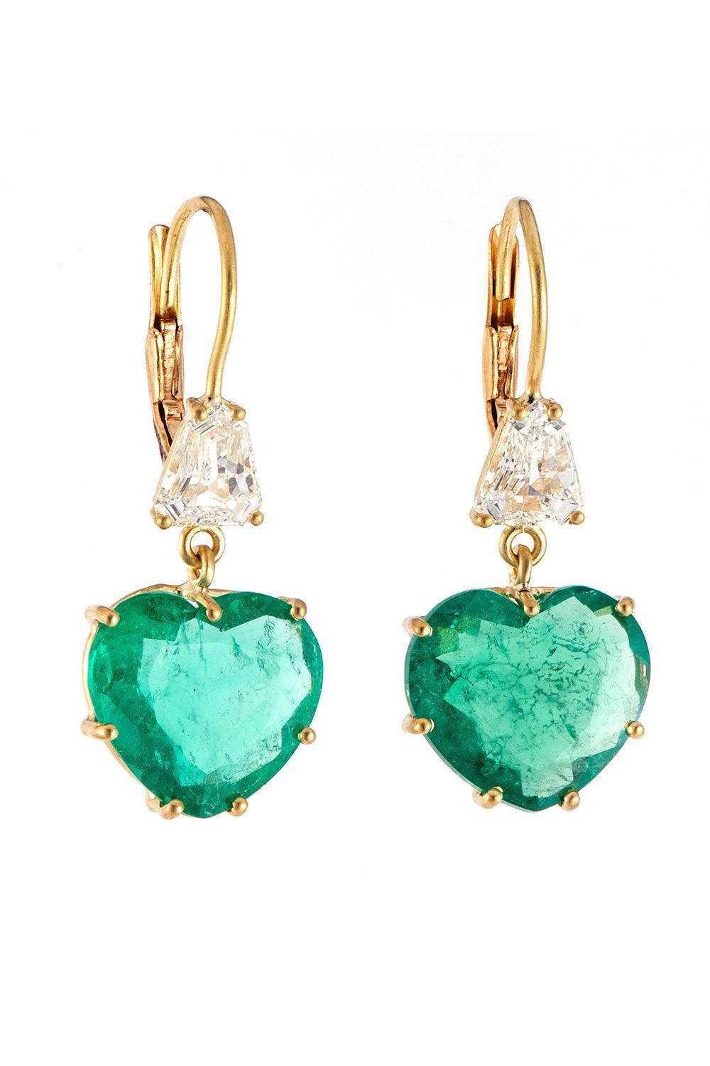 Diamond Emerald Heart Earrings-YELLOW GOLD-JEWELRYFINE JEWELEARRING-SYLVA & CIE