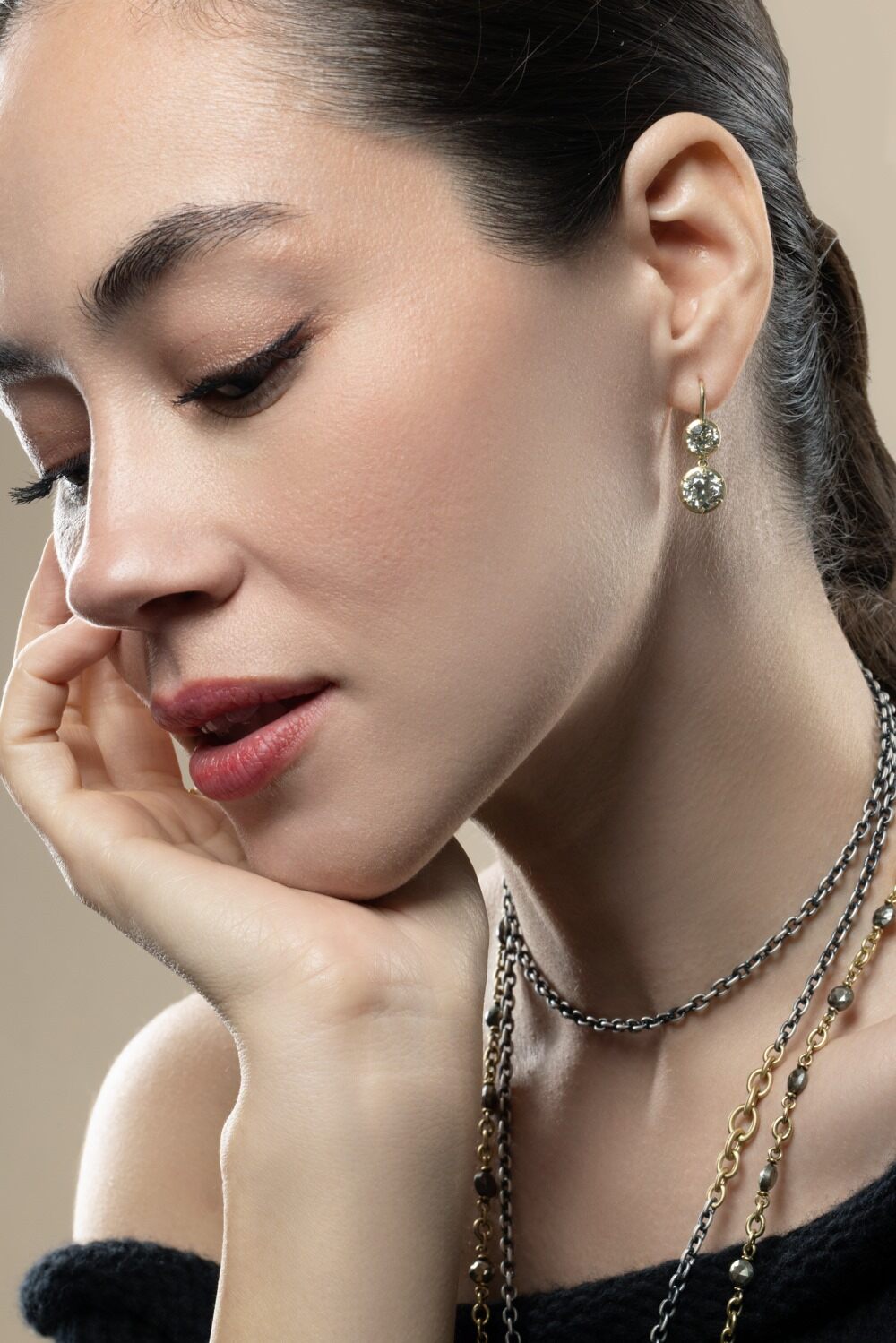Diamond Old Euro Double Drop Earrings-YELLOW GOLD-JEWELRYFINE JEWELEARRING-SYLVA & CIE