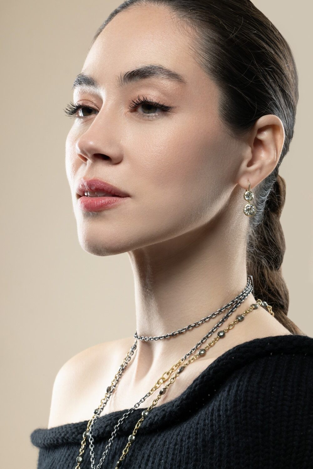 Diamond Old Euro Double Drop Earrings-YELLOW GOLD-JEWELRYFINE JEWELEARRING-SYLVA & CIE