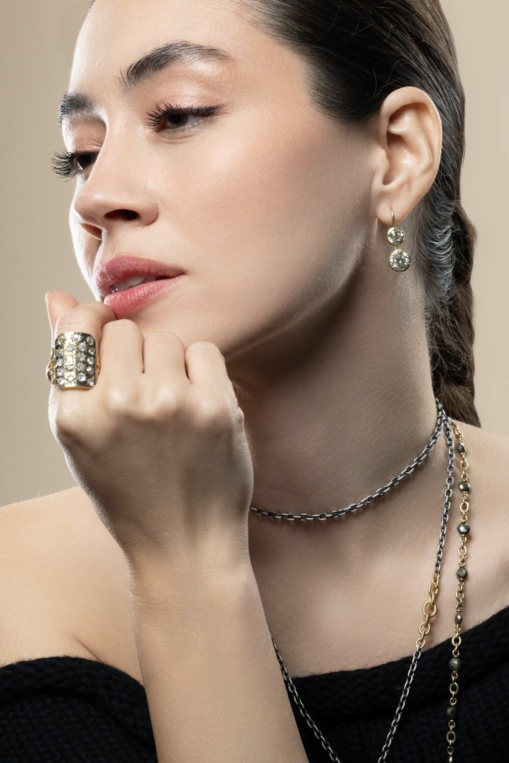Diamond Old Euro Double Drop Earrings-YELLOW GOLD-JEWELRYFINE JEWELEARRING-SYLVA & CIE