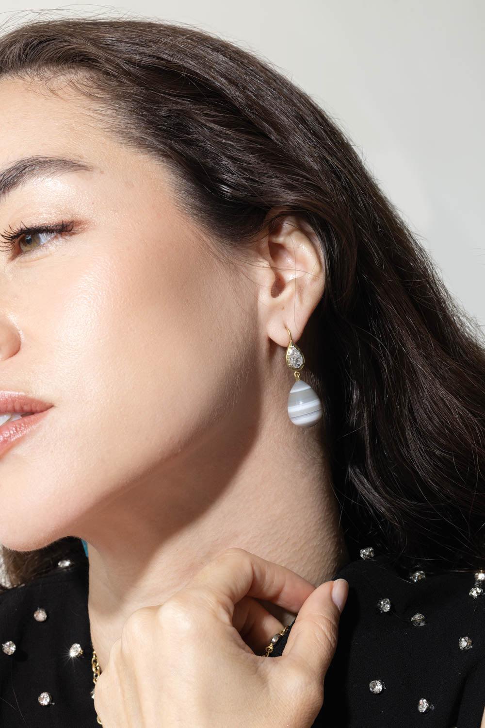 SYLVA & CIE-Striped Agate Mosaic Drops Earrings-YELLOW GOLD