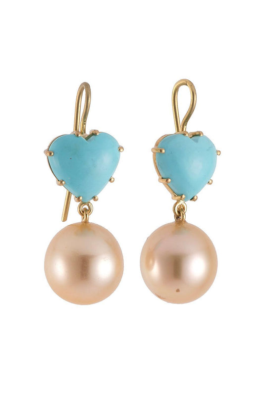 Turquoise Pearl Heart Earrings-YELLOW GOLD-JEWELRYFINE JEWELEARRING-SYLVA & CIE