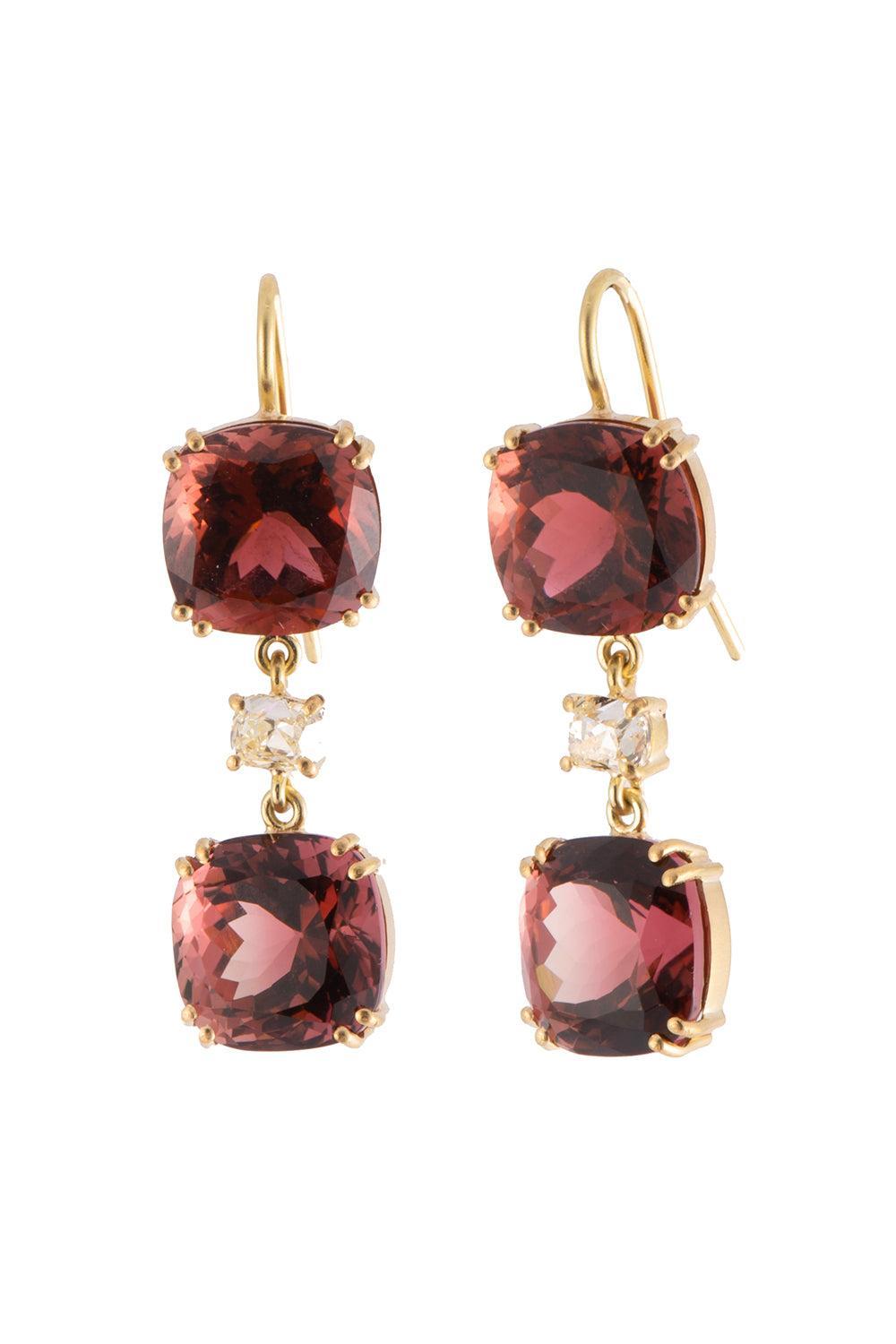Pink Tourmaline Diamond Old Cut Drop Earrings-YLW GOLD-JEWELRYFINE JEWELEARRING-SYLVA & CIE