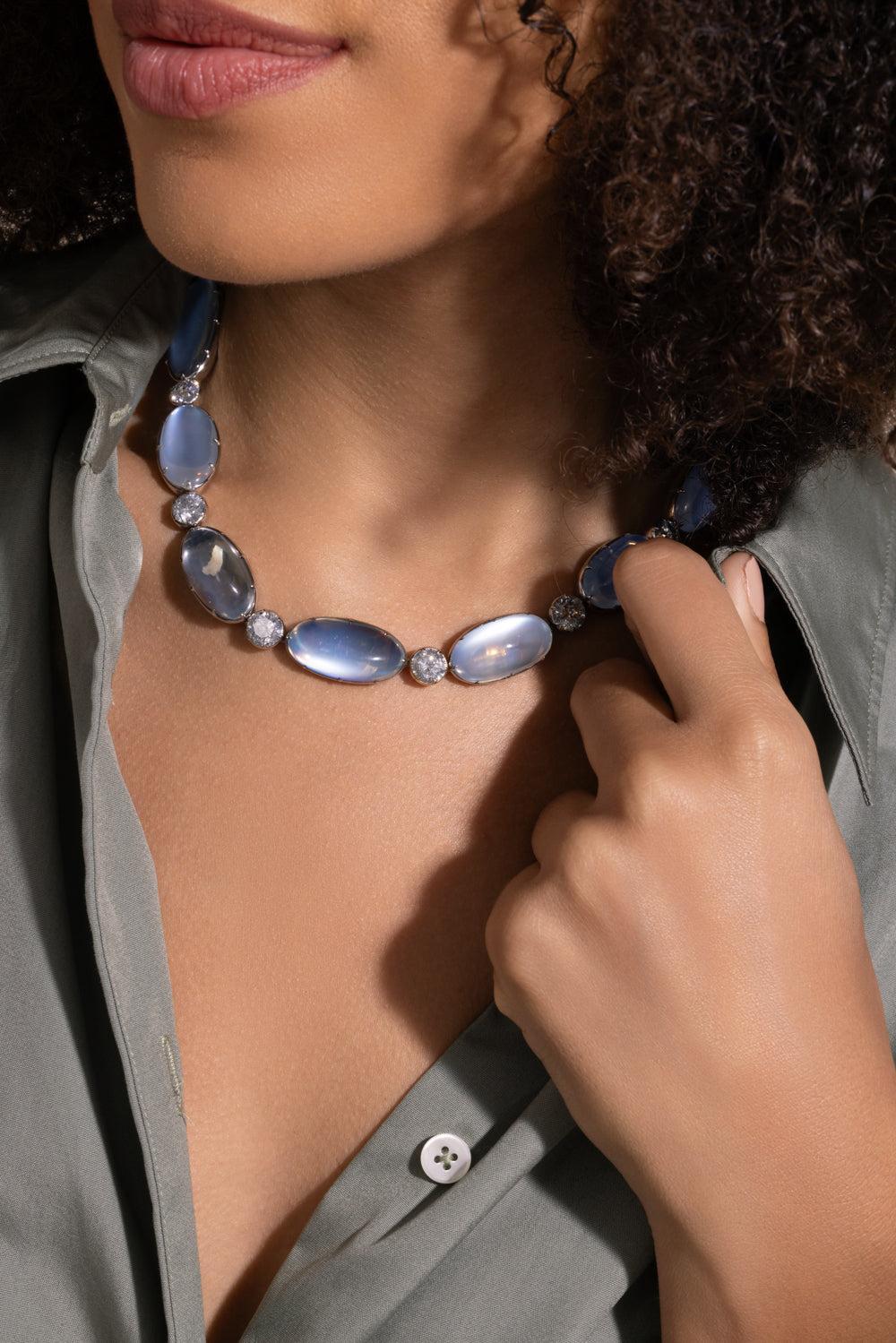 Moonstone Grey Diamond Riviera Necklace-WHITE GOLD-16-JEWELRYFINE JEWELNECKLACE O-SYLVA & CIE