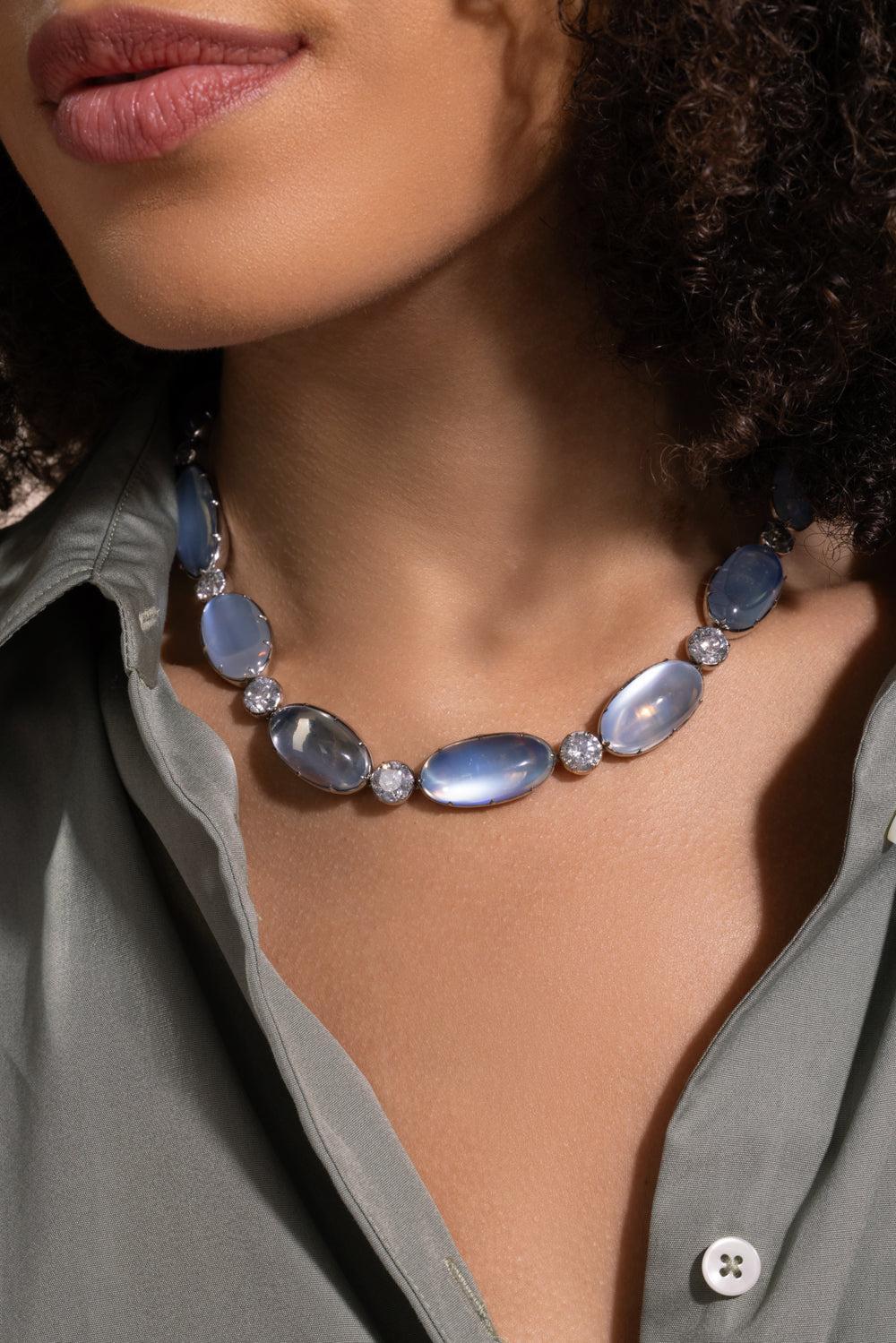 Moonstone Grey Diamond Riviera Necklace-WHITE GOLD-16-JEWELRYFINE JEWELNECKLACE O-SYLVA & CIE