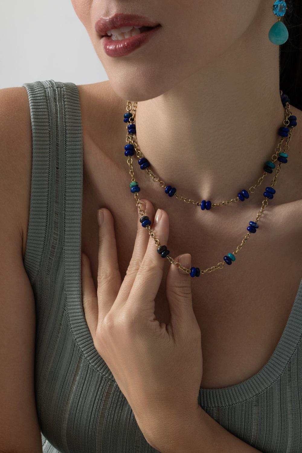 Lapis Turquoise Beaded Necklace-YELLOW GOLD-32-JEWELRYFINE JEWELNECKLACE O-SYLVA & CIE