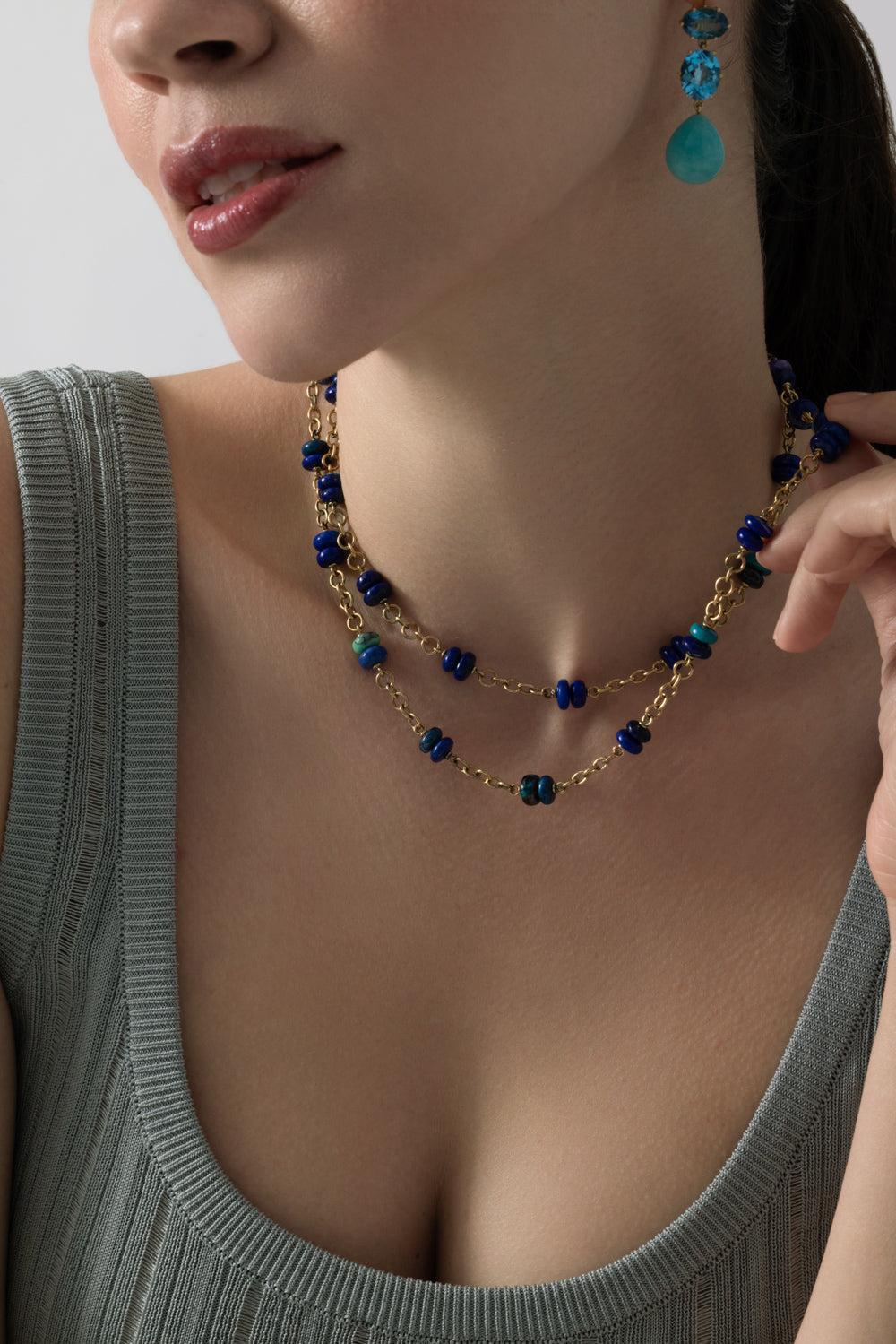 Lapis Turquoise Beaded Necklace-YELLOW GOLD-32-JEWELRYFINE JEWELNECKLACE O-SYLVA & CIE