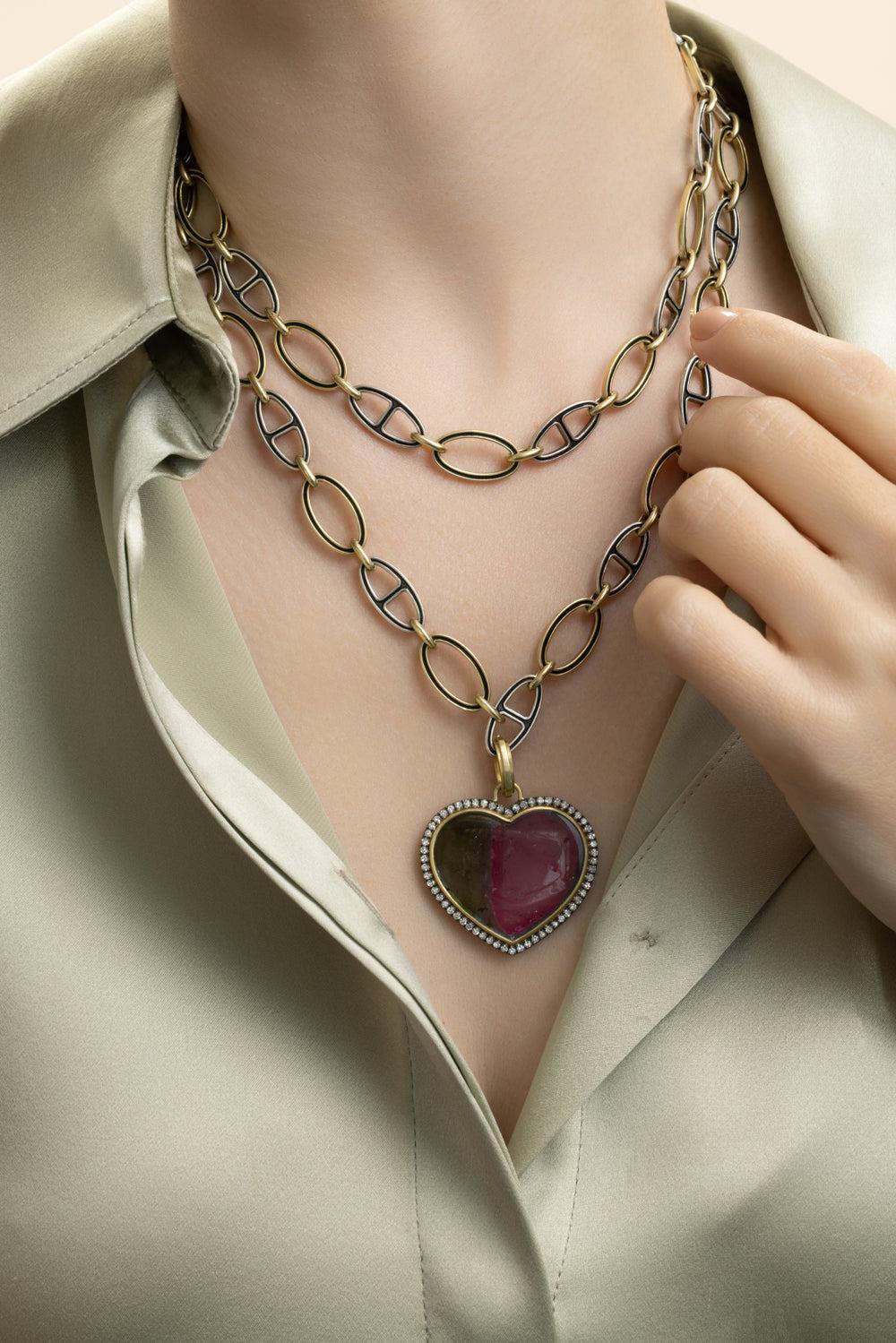 Tourmaline Bicolor Heart Pendant-YELLOW GOLD-JEWELRYFINE JEWELPENDANT-SYLVA & CIE