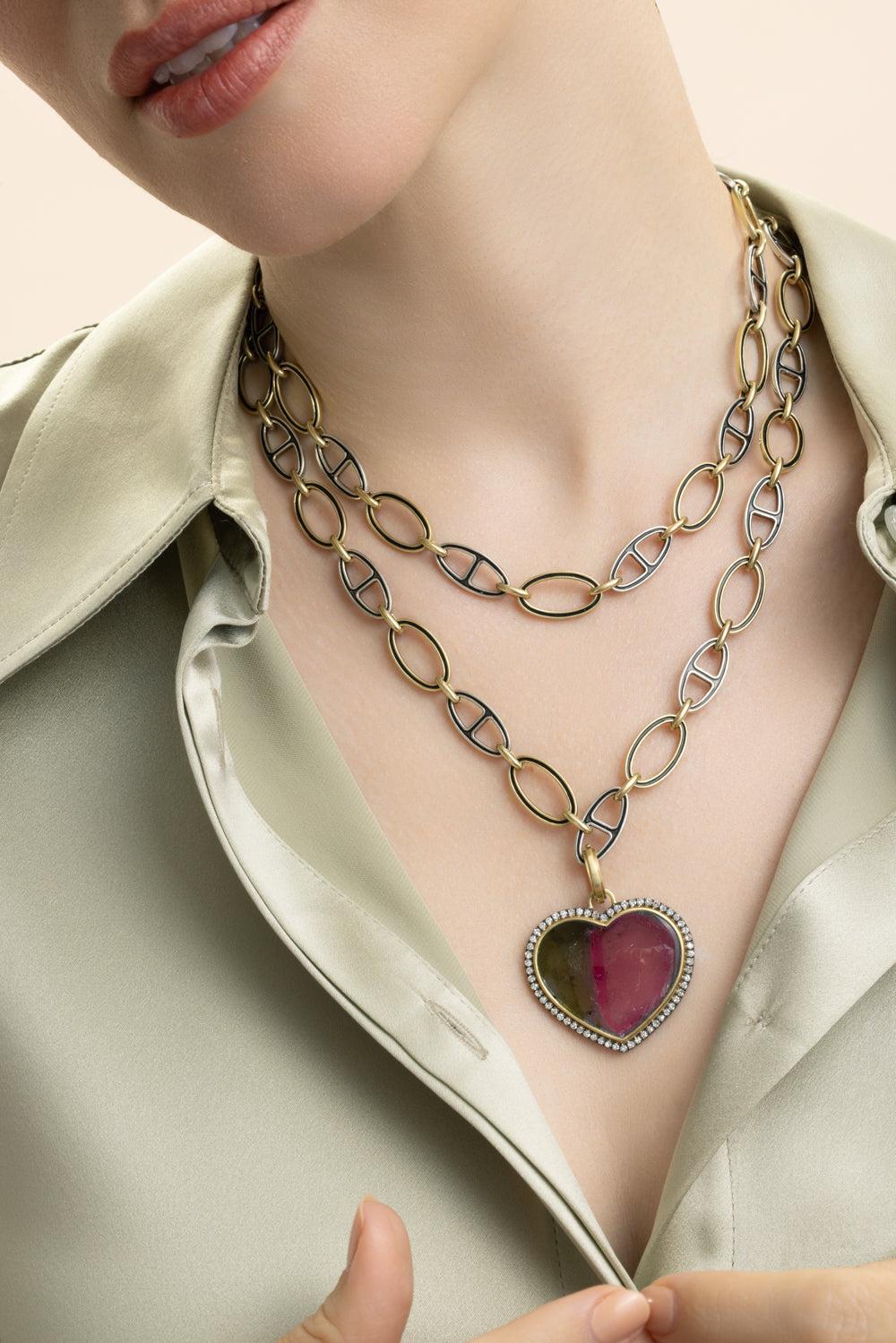 Tourmaline Bicolor Heart Pendant-YELLOW GOLD-JEWELRYFINE JEWELPENDANT-SYLVA & CIE