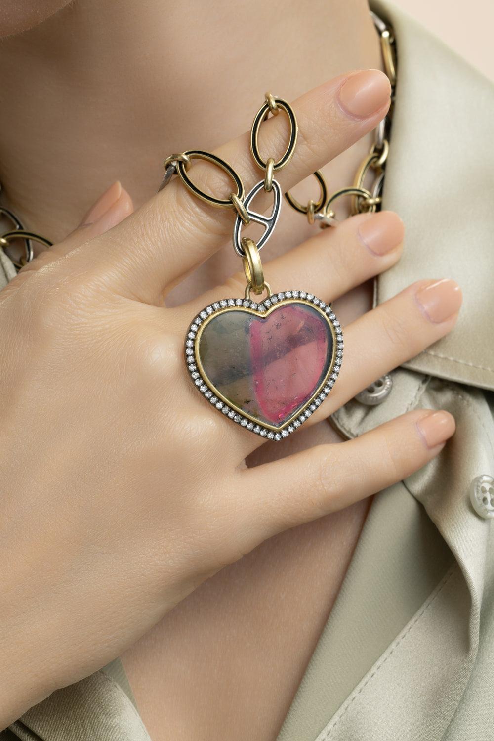 Tourmaline Bicolor Heart Pendant-YELLOW GOLD-JEWELRYFINE JEWELPENDANT-SYLVA & CIE