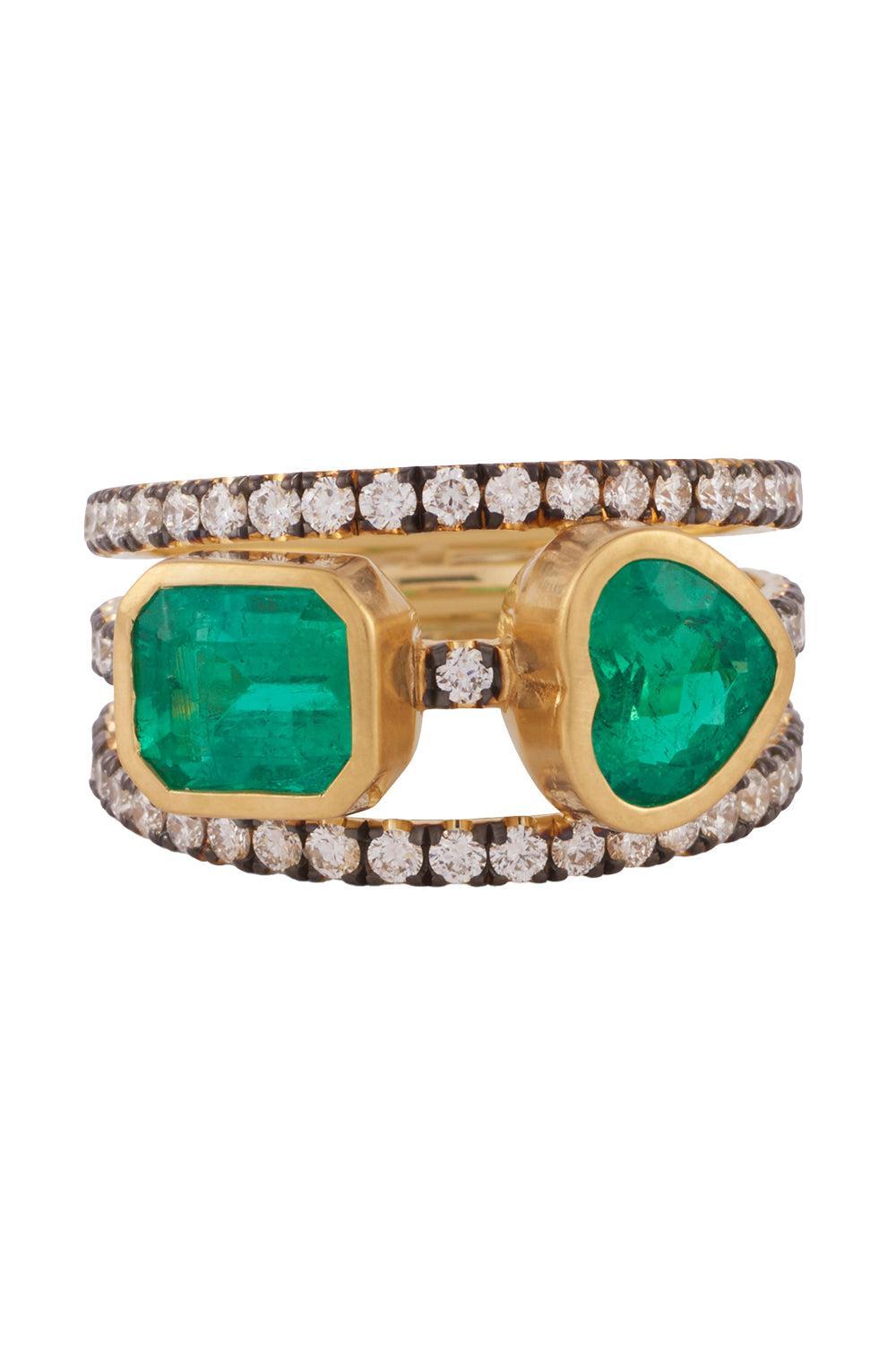 Emerald Diamond Double Ring-YELLOW GOLD-7.25-JEWELRYFINE JEWELRING-SYLVA & CIE