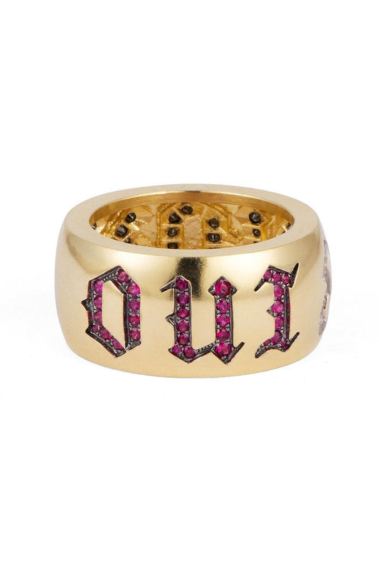 Black Diamond Ruby Oui Non French Ring-YELLOW GOLD-7.5-JEWELRYFINE JEWELRING-SYLVA & CIE