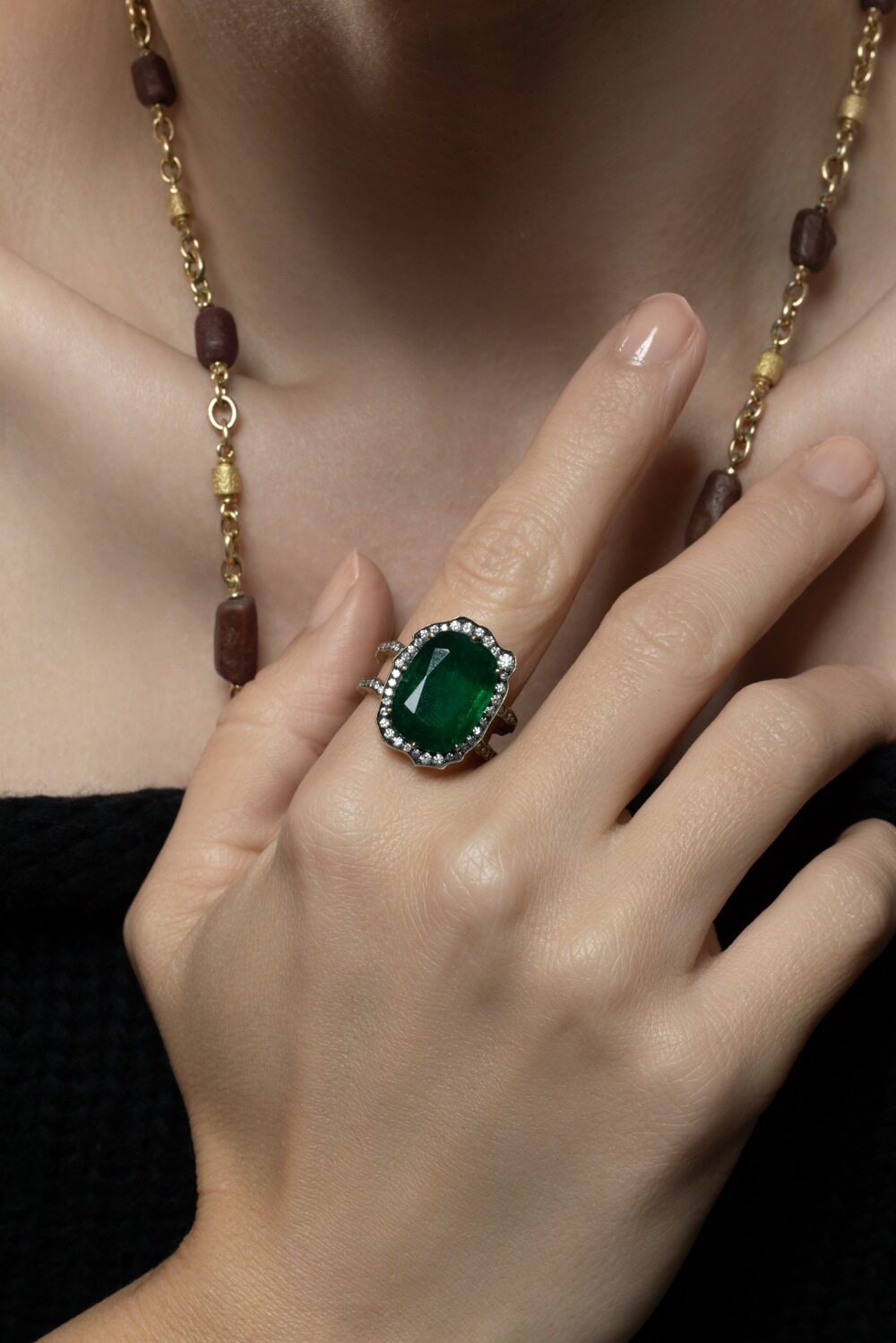 Zambian Emerald Double Shank Ring-YELLOW GOLD-7.5-JEWELRYFINE JEWELRING-SYLVA & CIE