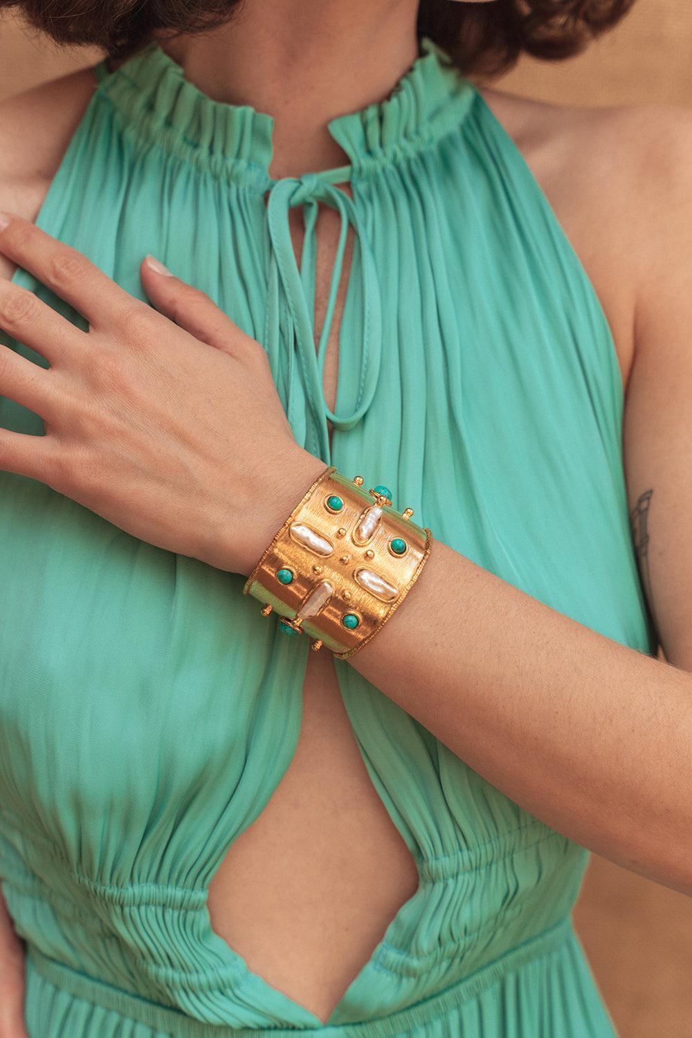 Turquoise Pearl Mojave Cuff Bracelet-PRL/TURQ-JEWELRYBOUTIQUEBRACELET O-SYLVIA TOLEDANO