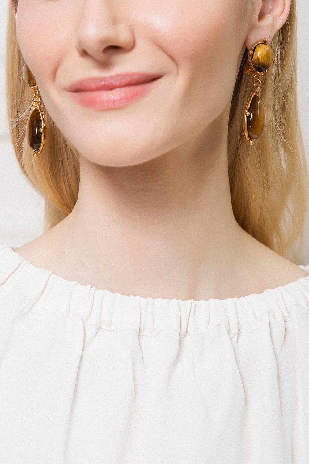 Tiger Eye 2 Pierres Dots Earrings-TIGEREYE-JEWELRYBOUTIQUEEARRING-SYLVIA TOLEDANO