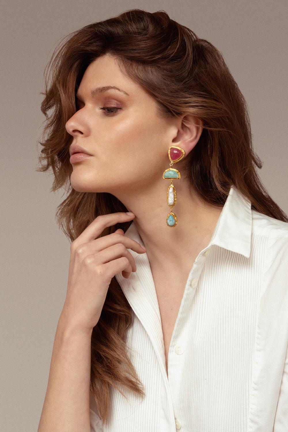 Pink Jasper Amazonite Pearl Limar Earrings-MULTI-JEWELRYBOUTIQUEEARRING-SYLVIA TOLEDANO