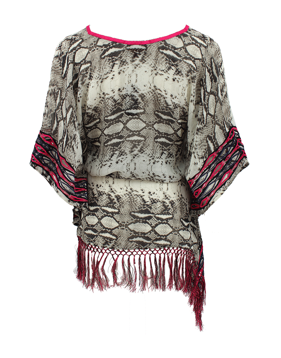TAJ-Short Sleeve Reptile V-Neck Tunic with Fringe-