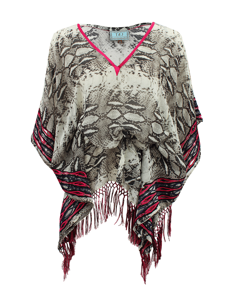 TAJ-Short Sleeve Reptile V-Neck Tunic with Fringe-