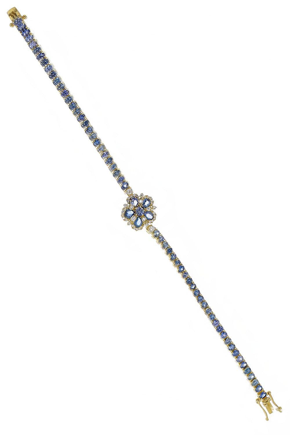 Blue Sapphire Flower Station Jasmine Bloom Tennis Bracelet-YELLOW GOLD-JEWELRYFINE JEWELBRACELET O-TANYA FARAH