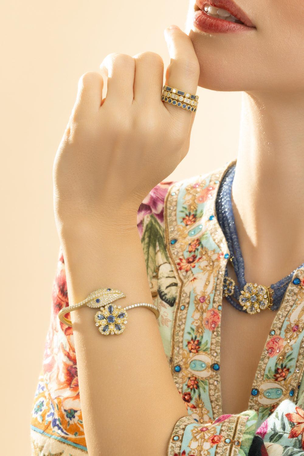 Ceylon Blue Sapphire Diamond Jasmine Bloom Flower Leaf Bypass Bangle Bracelet-YELLOW GOLD-JEWELRYFINE JEWELBRACELET O-TANYA FARAH
