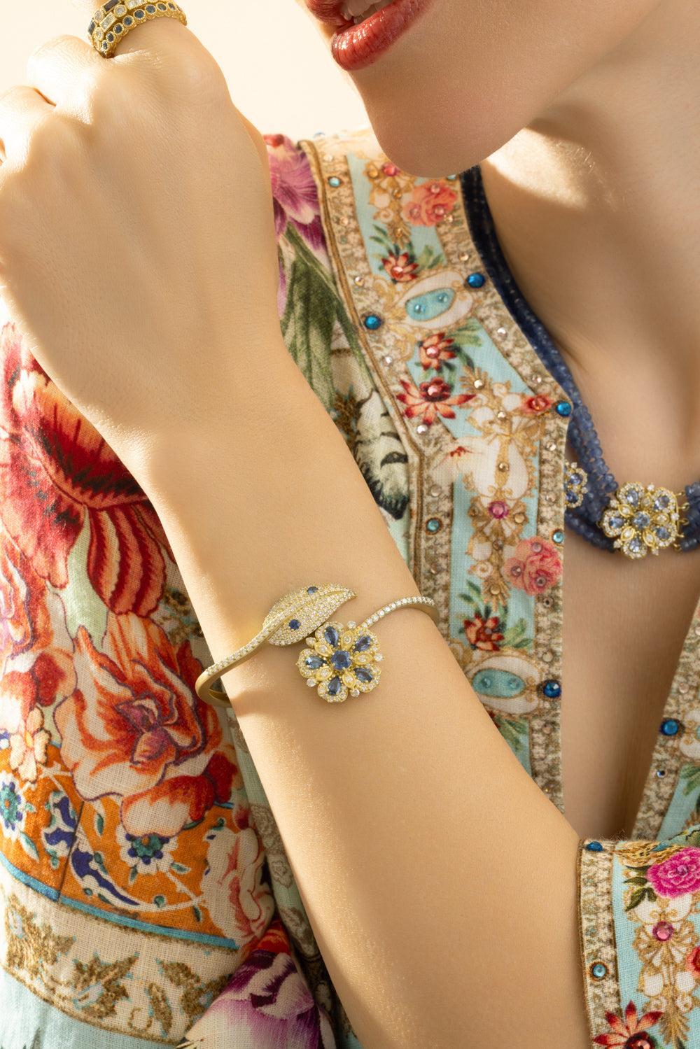 Ceylon Blue Sapphire Diamond Jasmine Bloom Flower Leaf Bypass Bangle Bracelet-YELLOW GOLD-JEWELRYFINE JEWELBRACELET O-TANYA FARAH