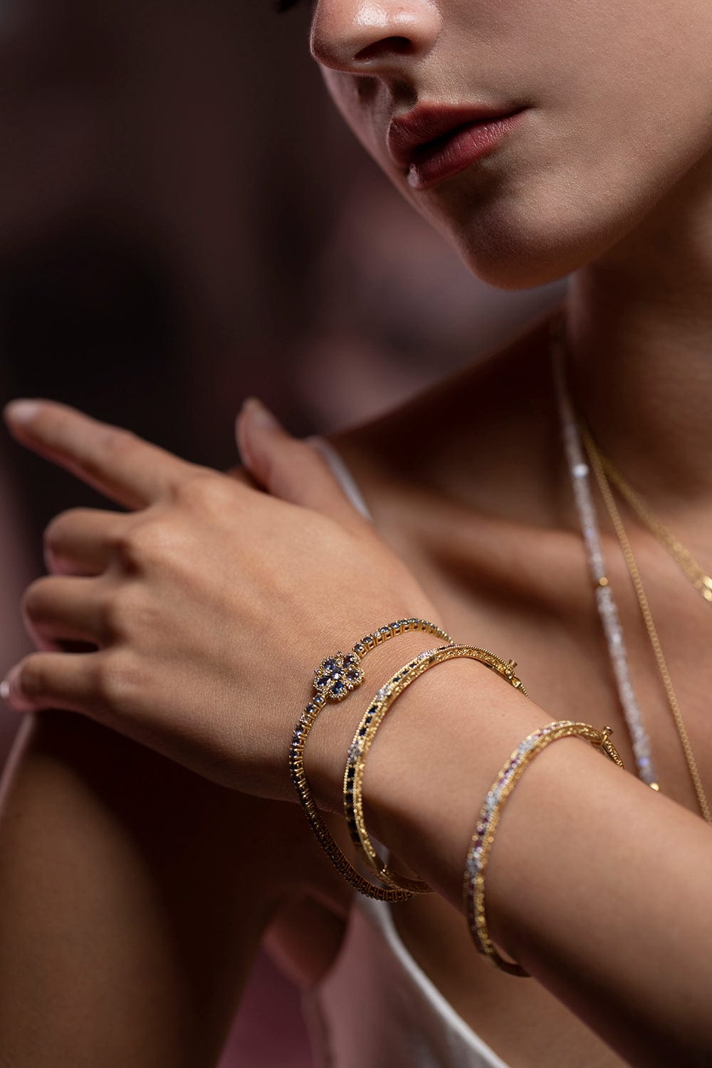 TANYA FARAH-Ceylon Sapphire Flower Bracelet-YELLOW GOLD