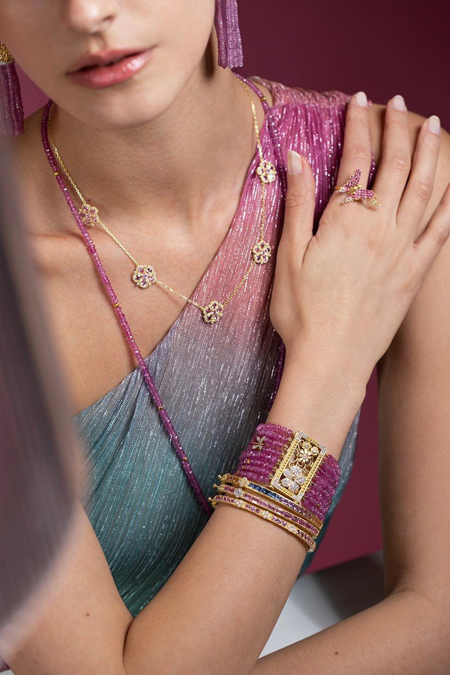 TANYA FARAH-Diamond Cluster Pink Sapphire Bangle-YELLOW GOLD