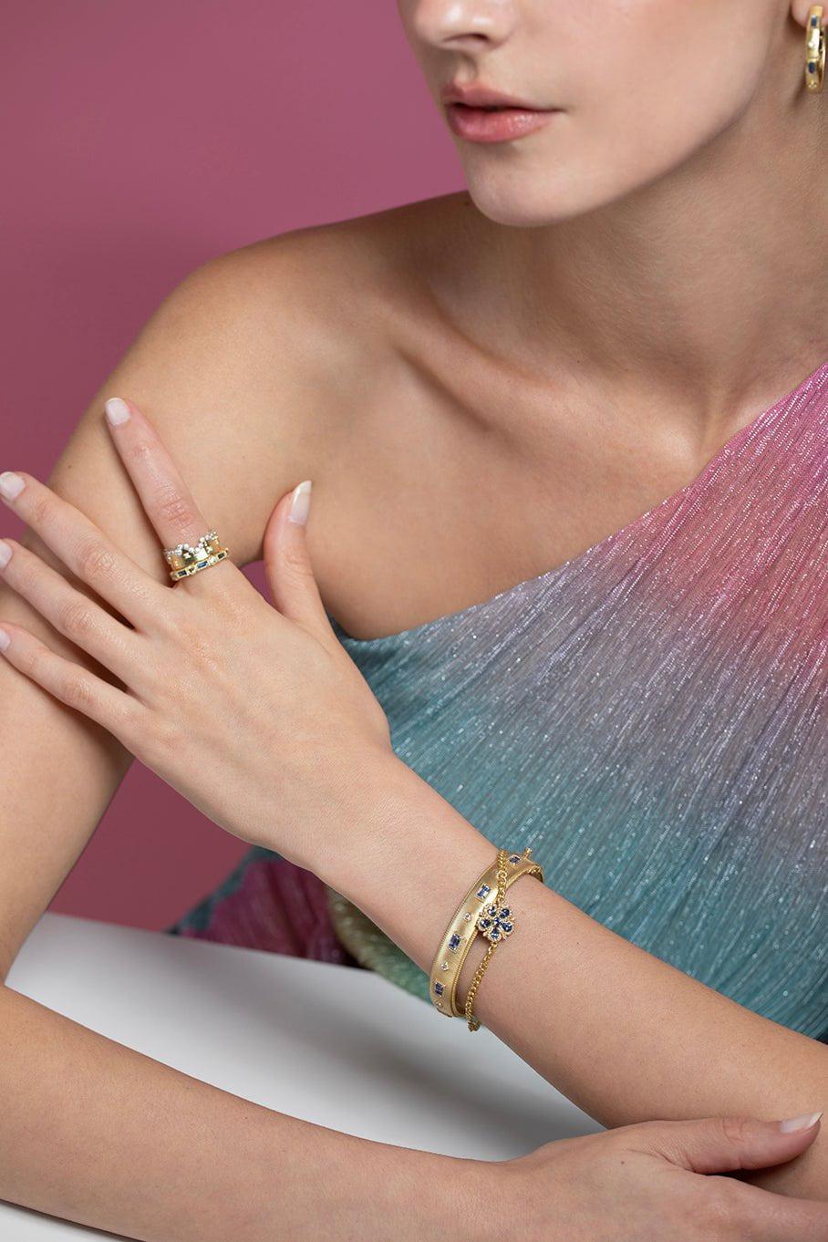 TANYA FARAH-Jasmine Bloom Ceylon Sapphire & Diamond Station Bracelet-YELLOW GOLD