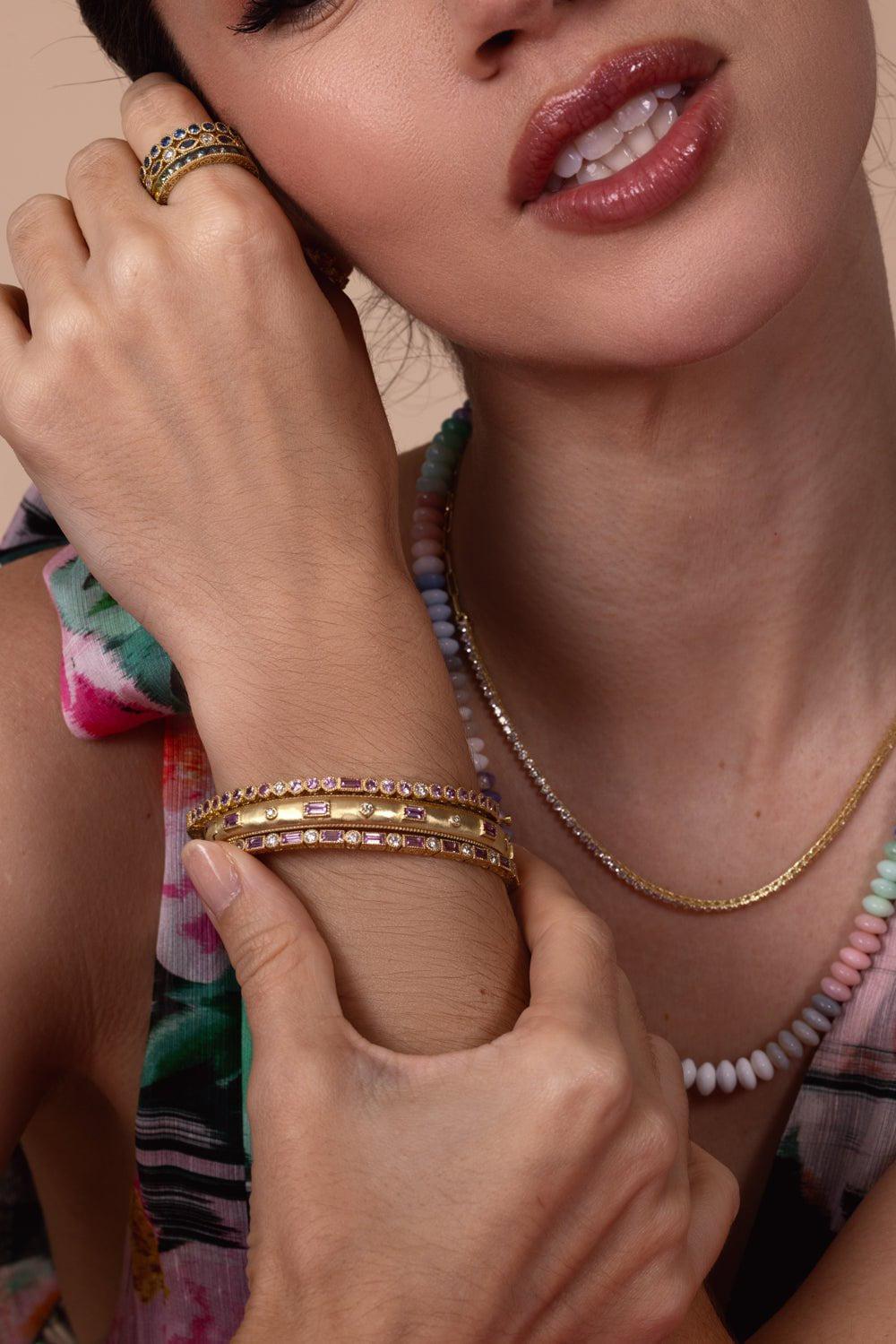 TANYA FARAH-Modern Etruscan Pink Sapphire Baguette Diamond Bangle-YELLOW GOLD
