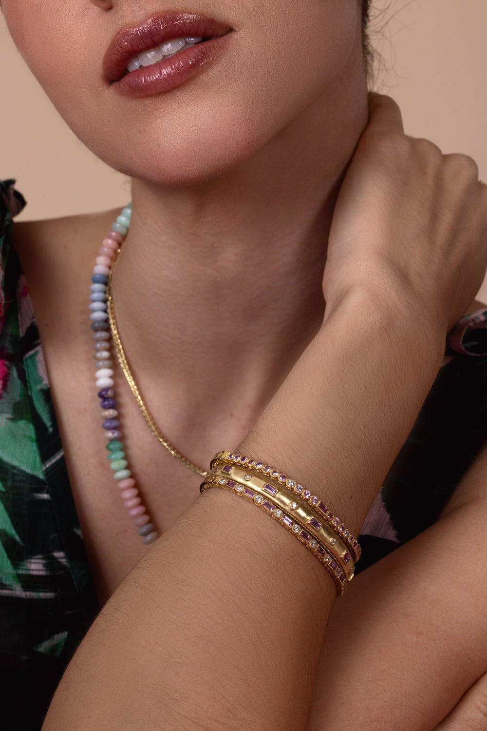 TANYA FARAH-Modern Etruscan Pink Sapphire Round Bezel Bangle-YELLOW GOLD