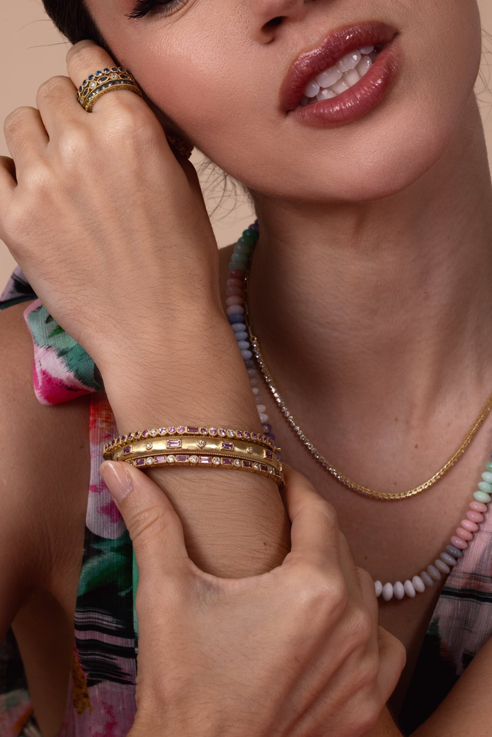 TANYA FARAH-Modern Etruscan Pink Sapphire Round Bezel Bangle-YELLOW GOLD