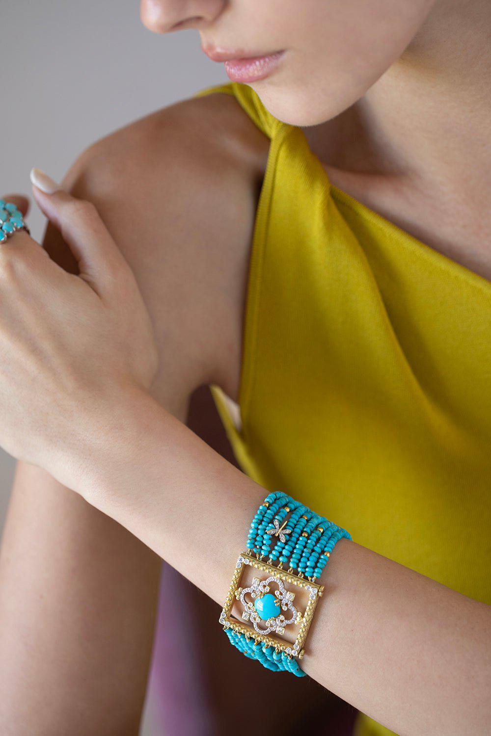 TANYA FARAH-Turquoise Beaded Dragonfly Bracelet-YELLOW GOLD