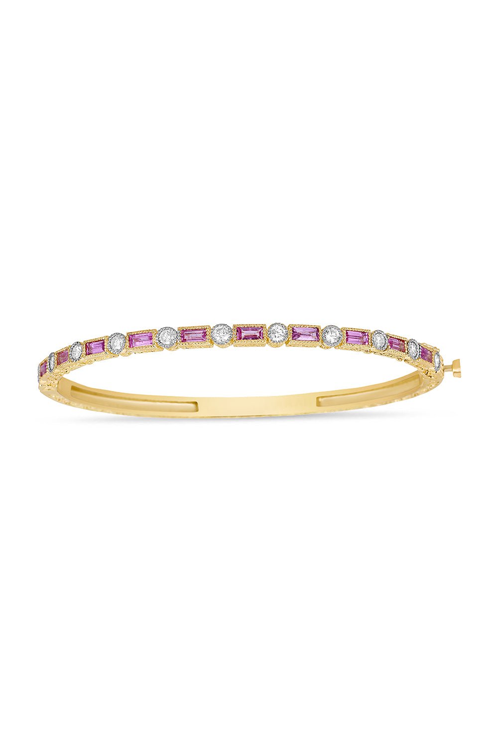 TANYA FARAH-Modern Etruscan Pink Sapphire Baguette Diamond Bangle-YELLOW GOLD