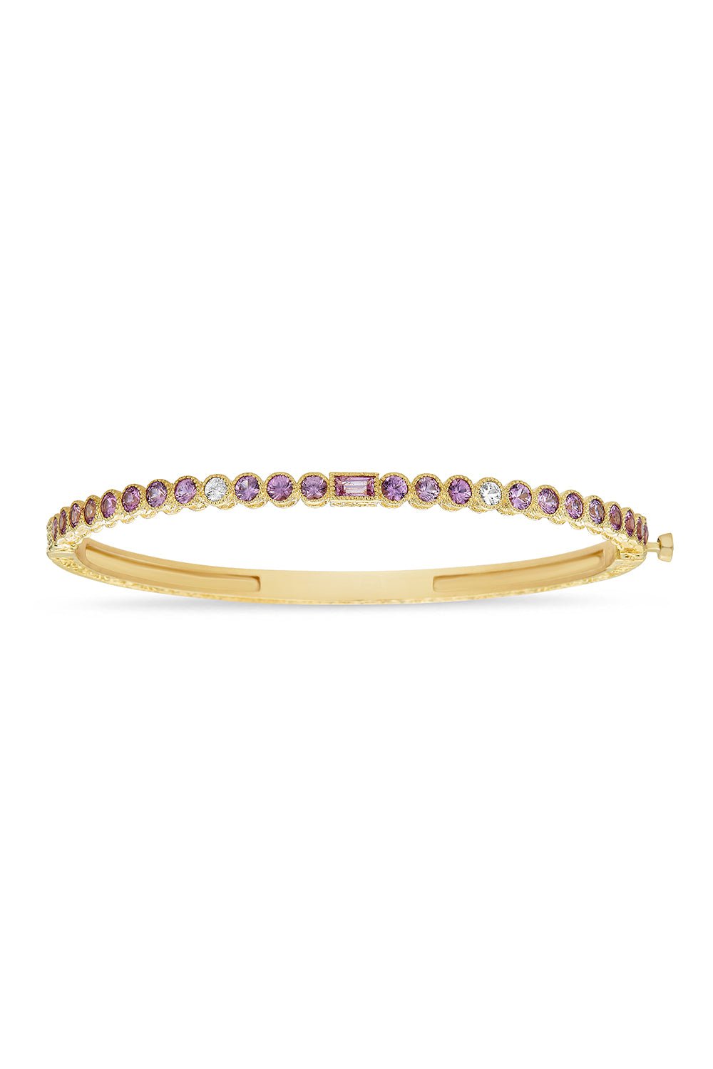 TANYA FARAH-Modern Etruscan Pink Sapphire Round Bezel Bangle-YELLOW GOLD