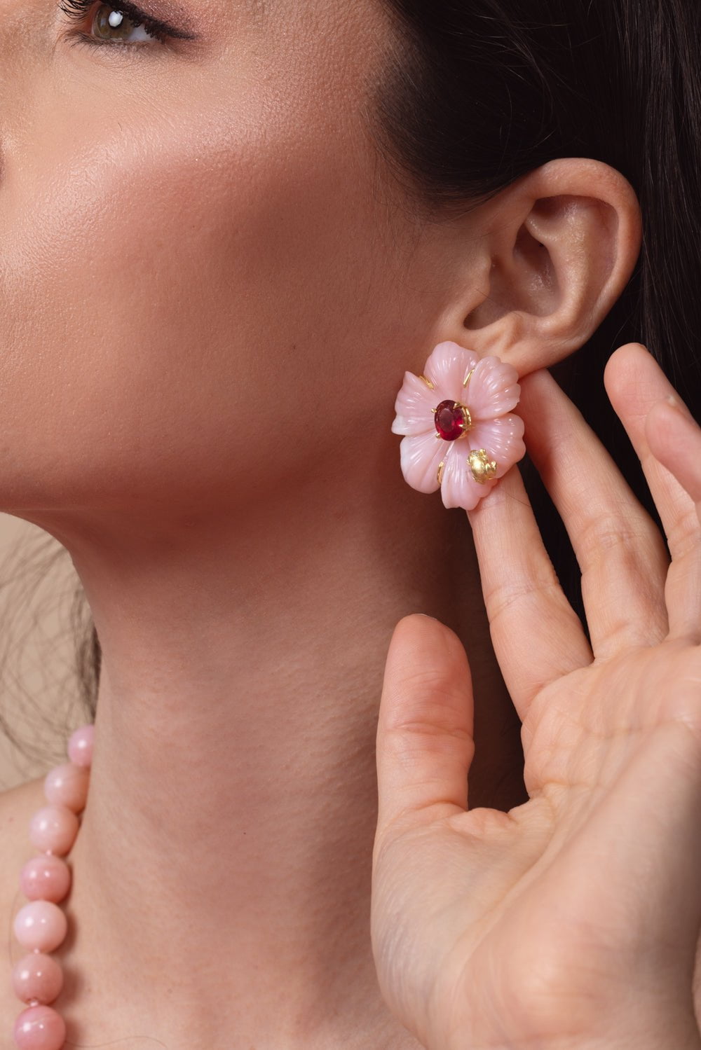 TANYA FARAH-Carved Pink Opal Flower Earrings-YELLOW GOLD