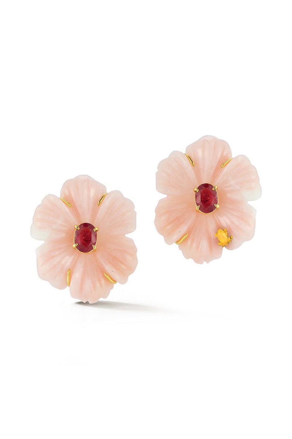 TANYA FARAH-Carved Pink Opal Flower Earrings-YELLOW GOLD