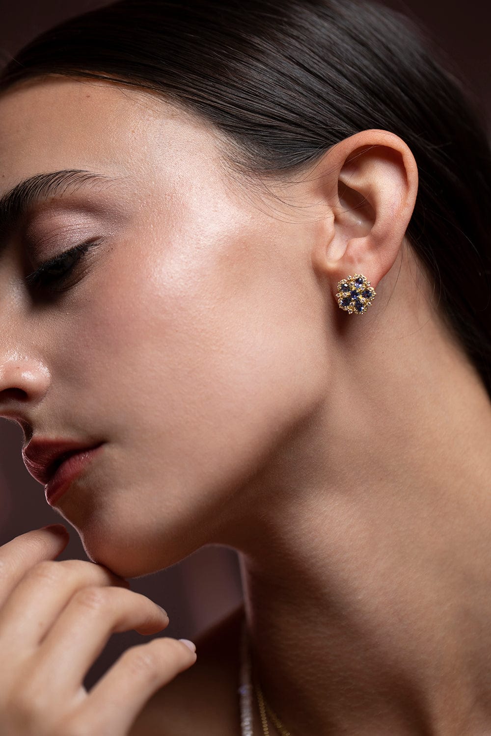 TANYA FARAH-Ceylon Sapphire and Diamond Flower Earrings-YELLOW GOLD