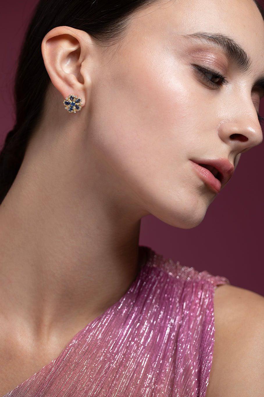 TANYA FARAH-Ceylon Sapphire Flower Earrings-YELLOW GOLD