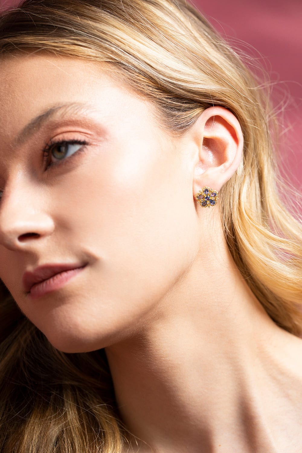 TANYA FARAH-Ceylon Sapphire Flower Earrings-YELLOW GOLD