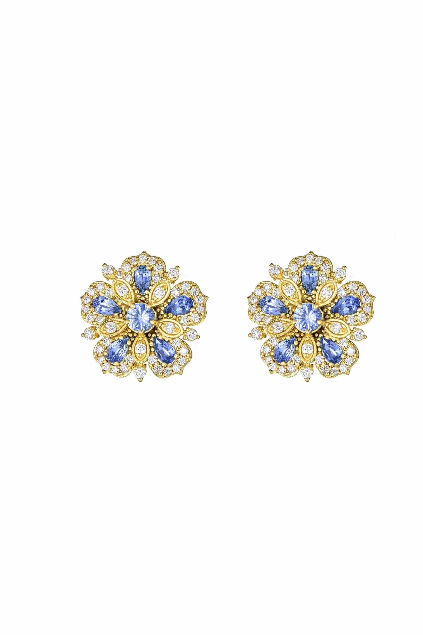 TANYA FARAH-Ceylon Sapphire Flower Earrings-YELLOW GOLD