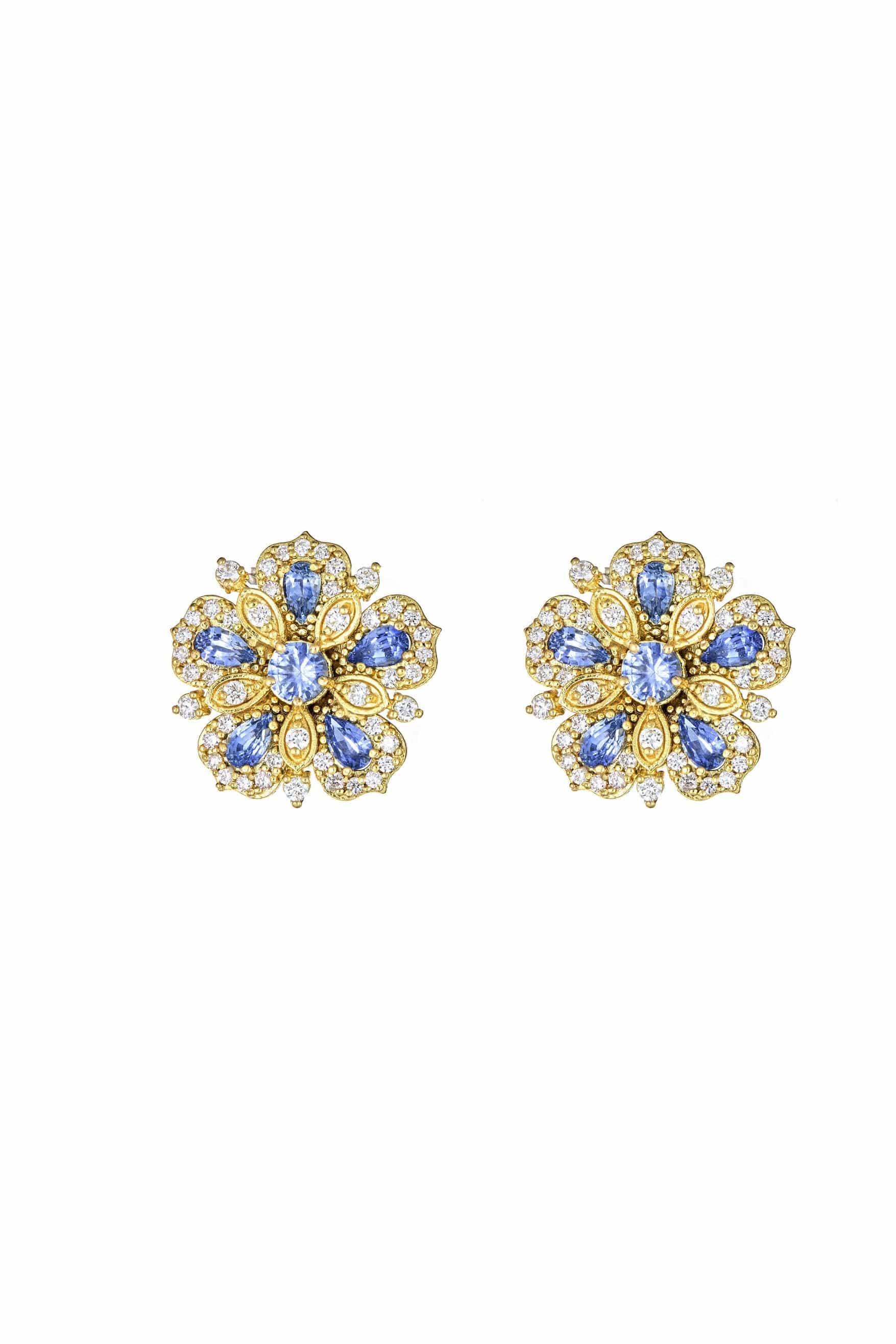 TANYA FARAH-Ceylon Sapphire Flower Earrings-YELLOW GOLD